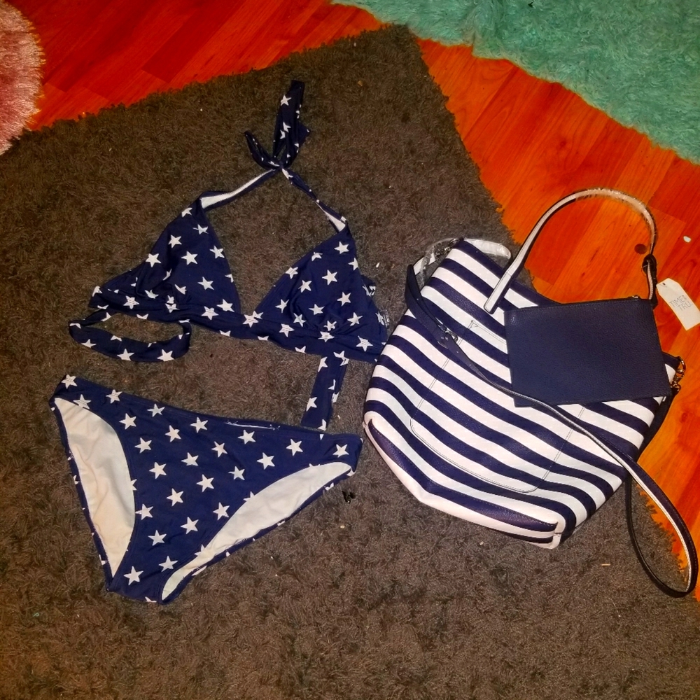 Bikini Navy Blue w Stars matching beach bag is new